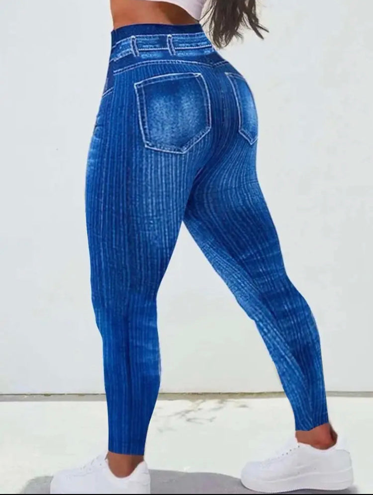 Solid Color Vintage Leggings Stretchy Ladies False Jeans Jeggings Soft Fake Denim Yoga Women Pants Dropship