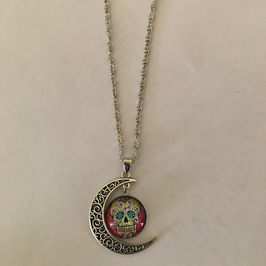 Día de Muertos Moon Mexican colorful skull Calavera necklace