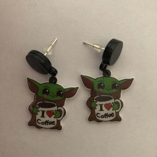 I love coffee Baby Yoda earrings