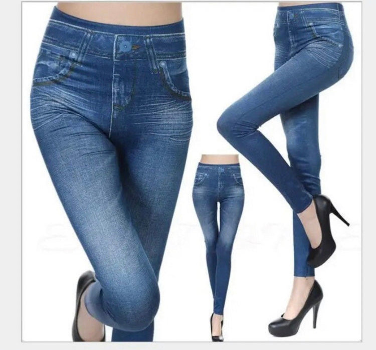 Solid Color Vintage Leggings Stretchy Ladies False Jeans Jeggings Soft Fake Denim Yoga Women Pants Dropship