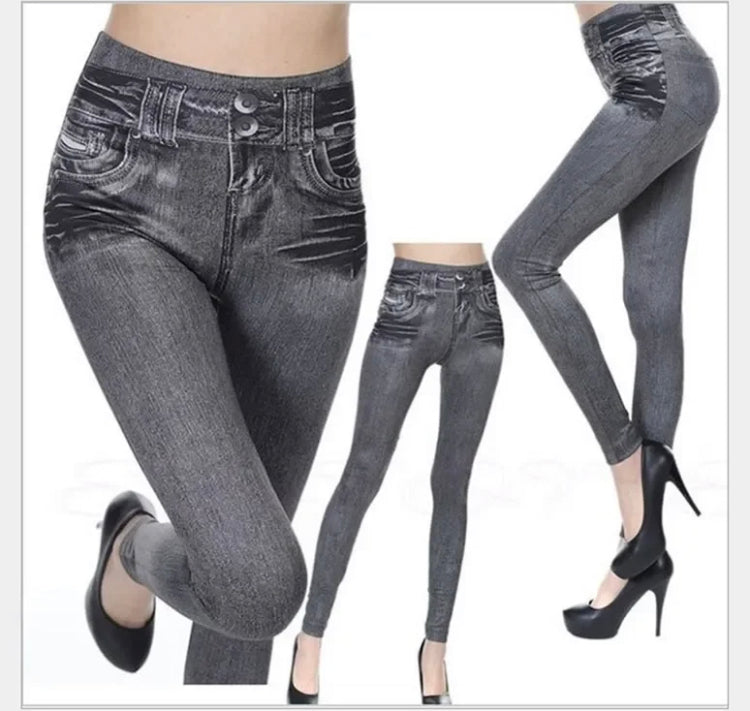 Solid Color Vintage Leggings Stretchy Ladies False Jeans Jeggings Soft Fake Denim Yoga Women Pants Dropship