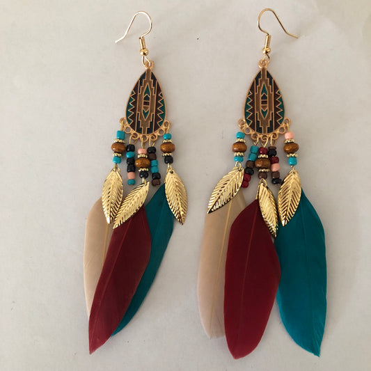 Drop dangle earrings with feathers