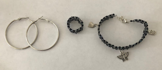 Jewelry set - Wire beaded bracelet and ring and a pair of hoops