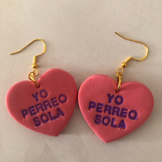 Valentines Day Yo perreo sola polymer clay heart-shaped earrings