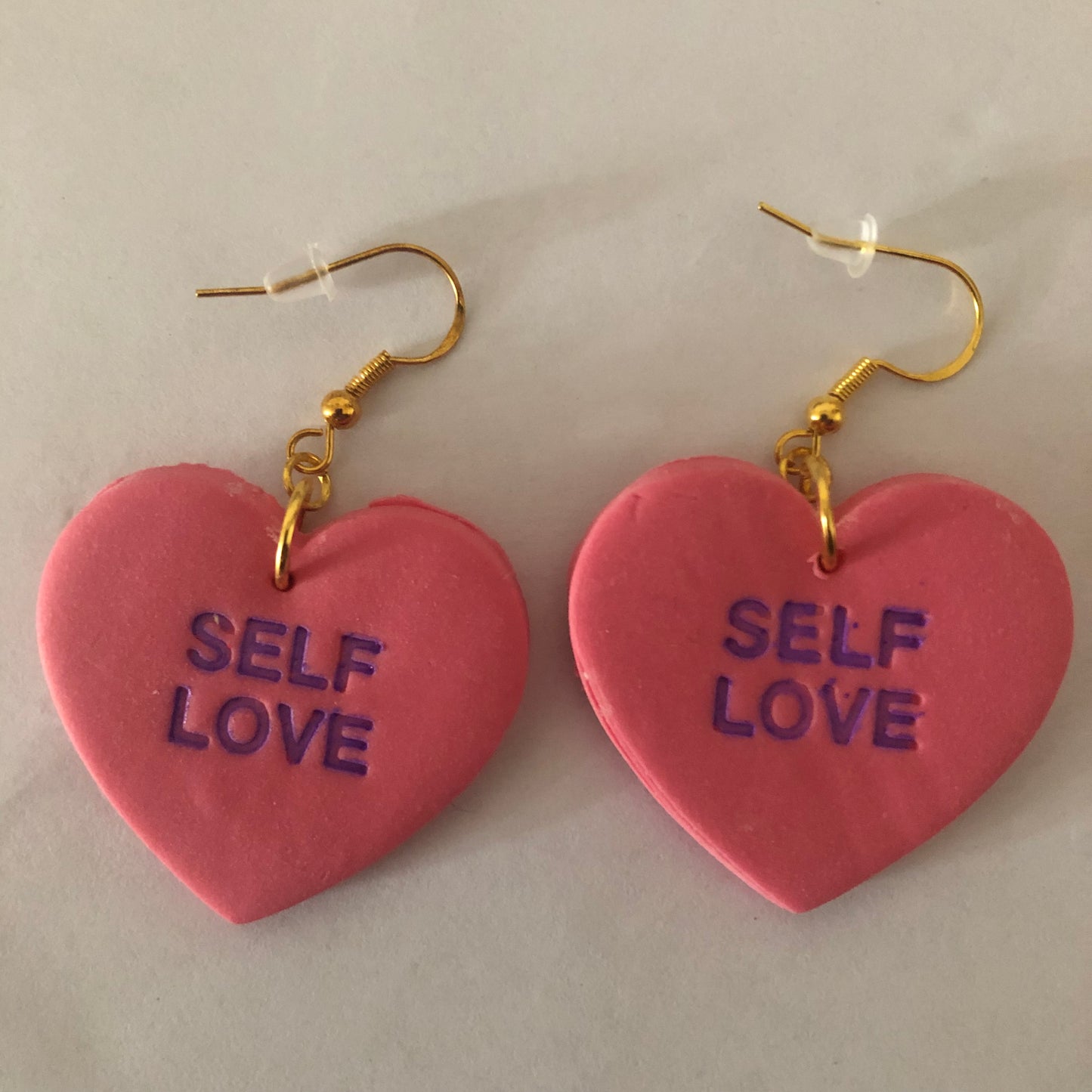 Self Love polymer clay heart-shaped earrings
