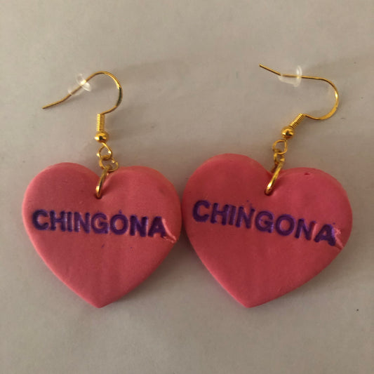 Valentines Day Chingona polymer clay heart-shaped earrings