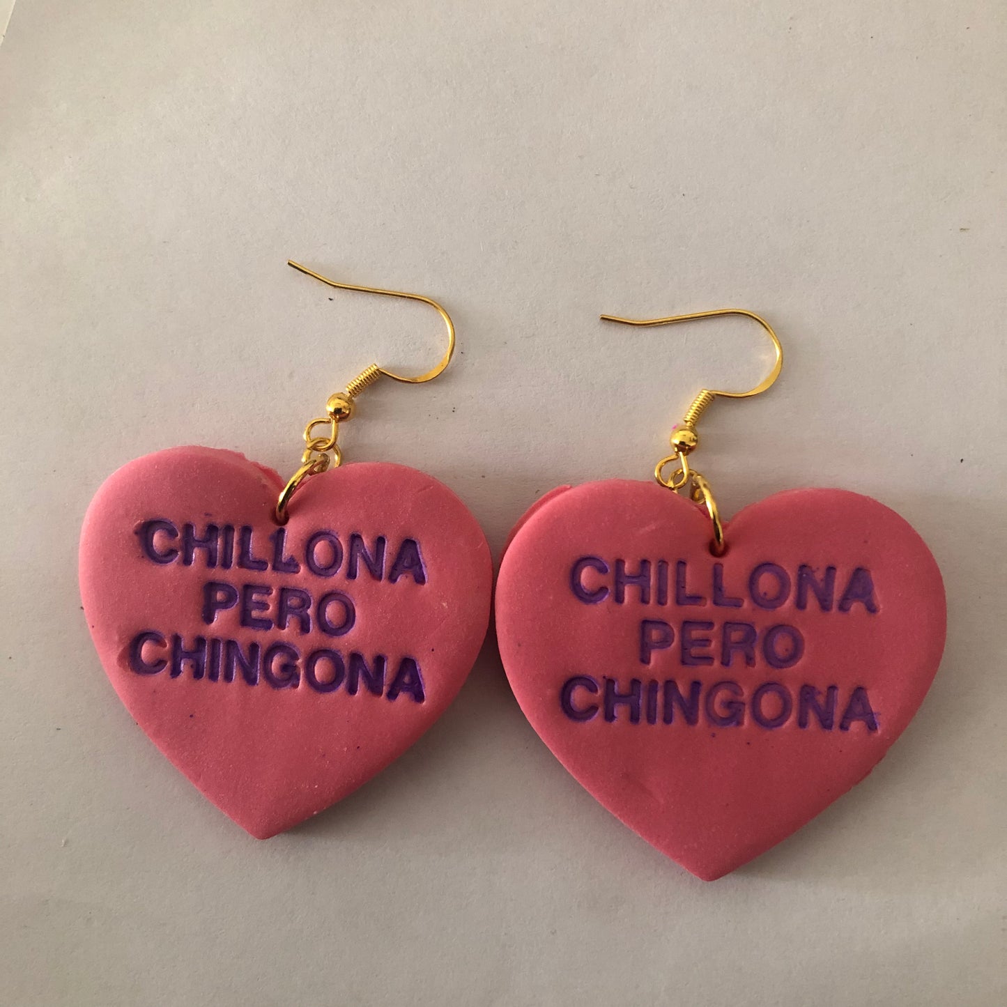 Valentines Day Chillona pero Chingona polymer clay heart-shaped earrings
