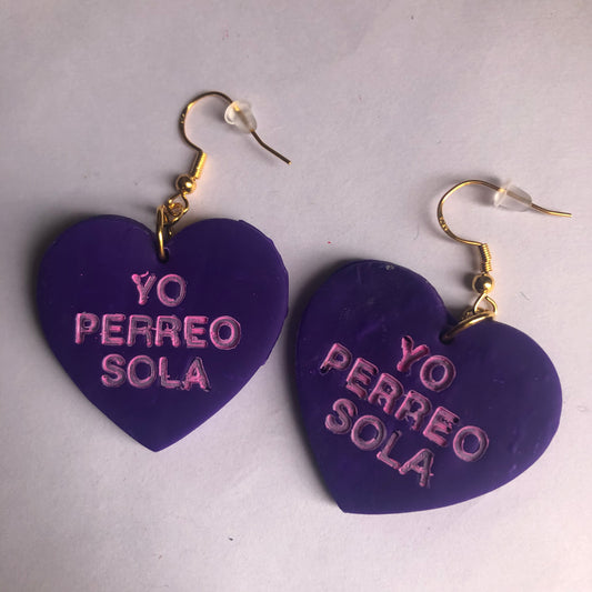 Valentines Day Yo perreo sola polymer clay heart-shaped earrings